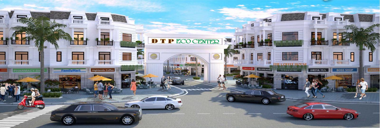 Phối cảnh cổng chào và khu nhà phố tại dự án ĐTP Eco Center