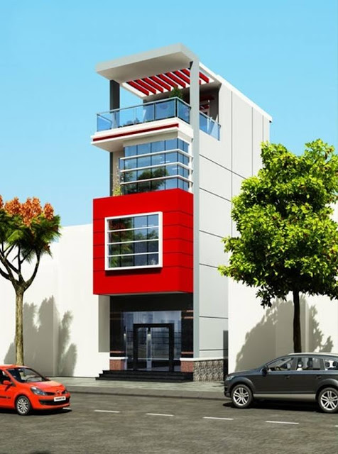 Mẫu nhà này vẫn thường được gọi là nhà 3 tầng 1 tum, trong đó tầng 1 sẽ gồm có phòng khách, nhà bếp và thêm khu vệ sinh (nếu cần thiết); phòng ngủ, phòng làm việc, phòng đọc sách được bố trí ở tầng 2 và tầng 3; tầng 4 là phòng thờ, phòng giặt đồ... mặt tiền nhà 3 tầng 1 tum