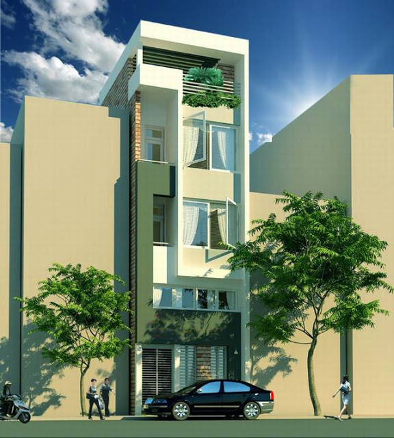 Kiến trúc mặt tiền tương tự như trên, sự khác biệt ở đây chính là cách phối màu sơn. mặt tiền nhà phố 4 tầng