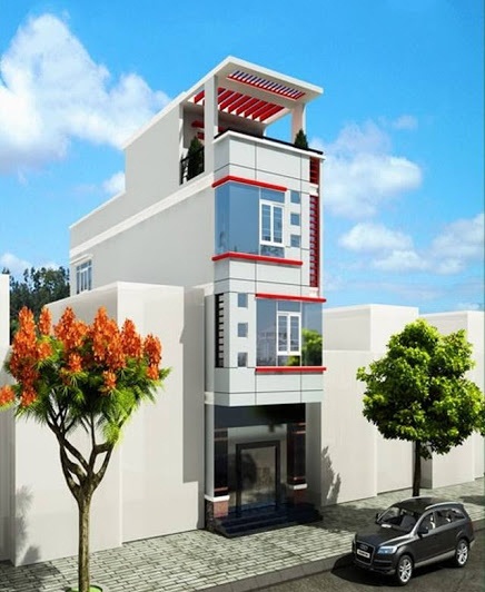 Thiết kế mặt tiền của mẫu nhà này giống mẫu bên trên, kiến trúc sư đã tạo thêm điểm nhấn cho ngôi nhà bằng cách phối thêm sơn màu đỏ ở các chi tiết phụ một cách tinh tế. thiết kế mặt tiền nhà 4 tầng