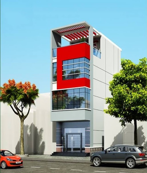 Mặt tiền của ngôi nhà sử dụng chất liệu chính là kính để đón ánh sáng, đồng thời tạo điểm nhấn bằng mảng tường sơn màu đỏ. thiết kế mặt trước nhà 4 tầng