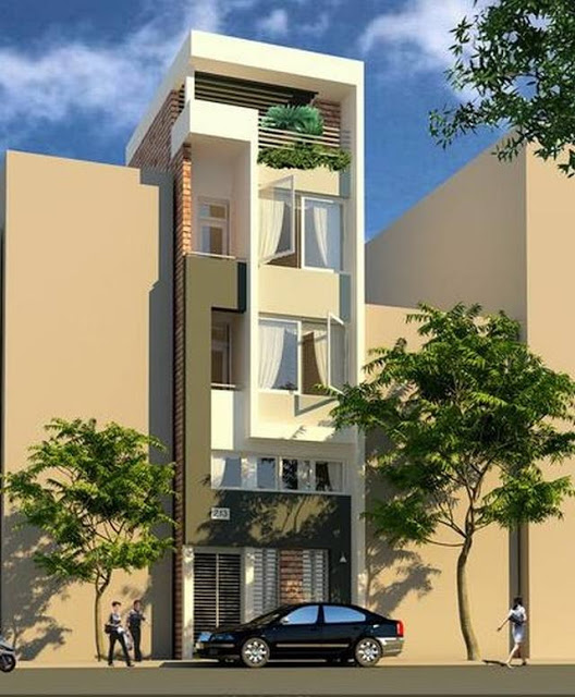 Mặt tiền nhà 4 tầng có gara, cửa sổ đón nắng, đón gió thoáng mát và tầng thượng trồng cây xanh. mặt tiền nhà ống 4 tầng