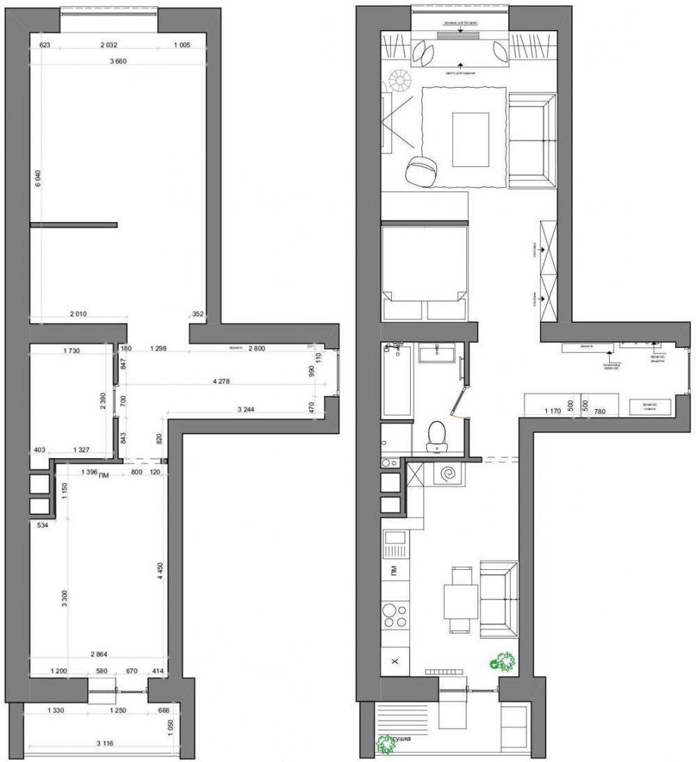 không gian căn hộ 51m2