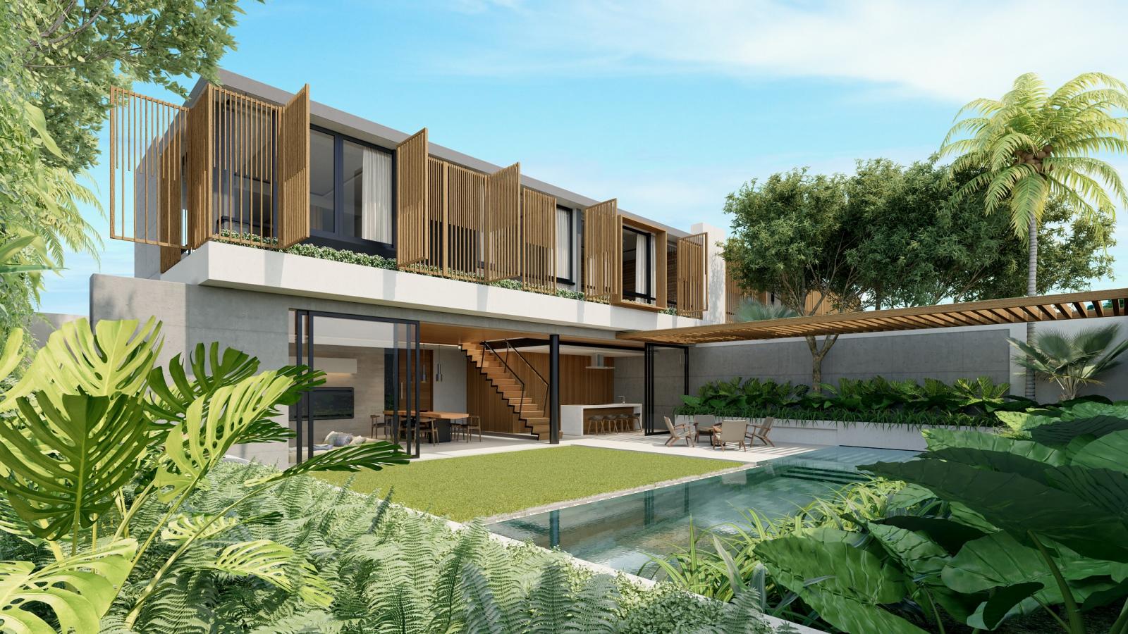Một ngôi nhà 2 tầng, phía trước có hồ bơi nhỏ và nhiều cây xanh