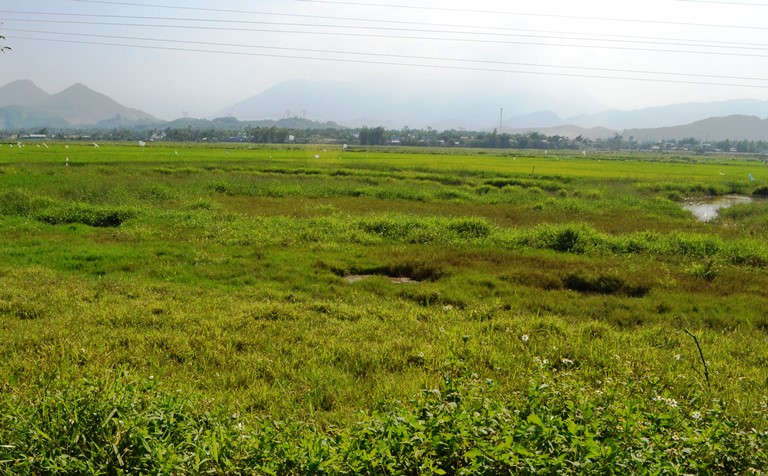 mảnh đất hoang vắng, phía sau là những dãy núi