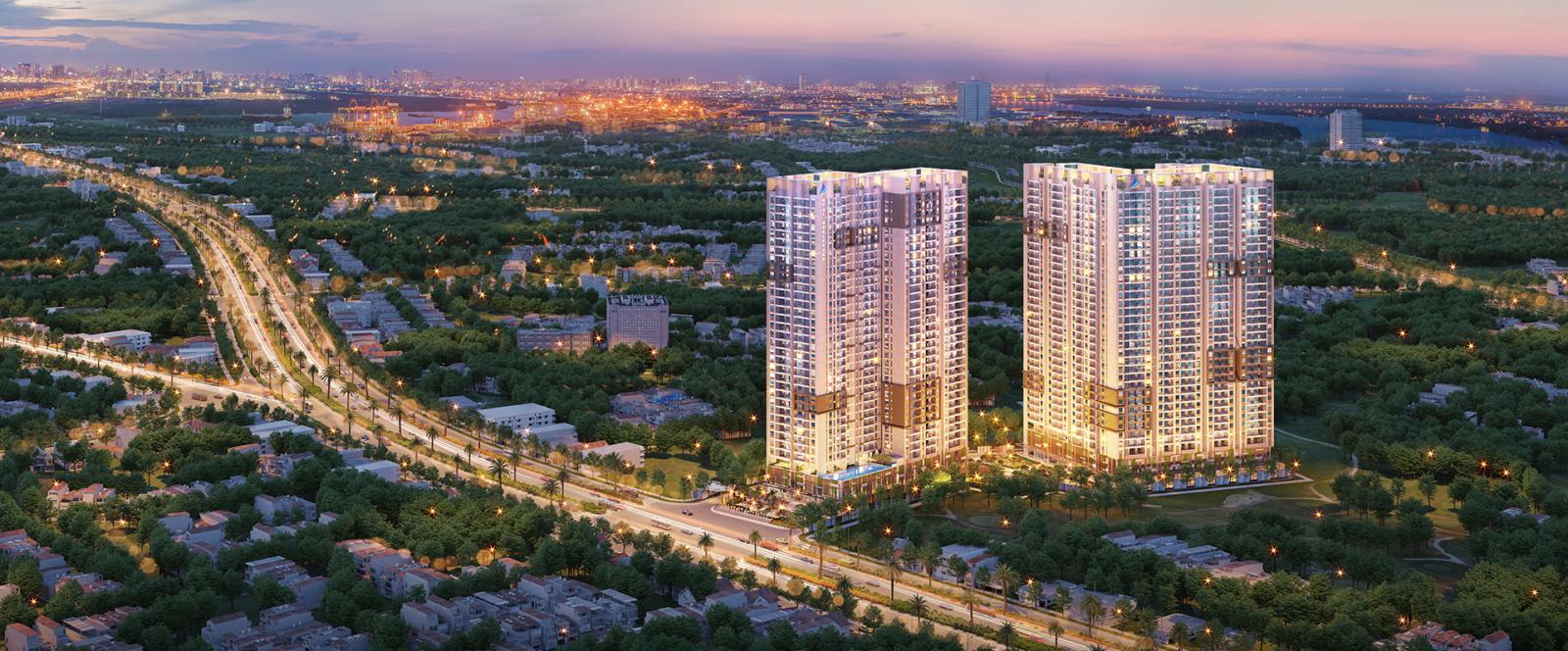 Phối cảnh dự án Opal Boulevard của Tập đoàn Đất Xanh gồm hai tòa chung cư nằm giữa khu dân cư nhiều cây xanh.