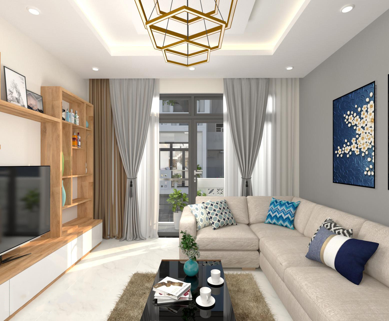 Phòng khách có sofa, rèm cửa, đèn chùm, ti vi
