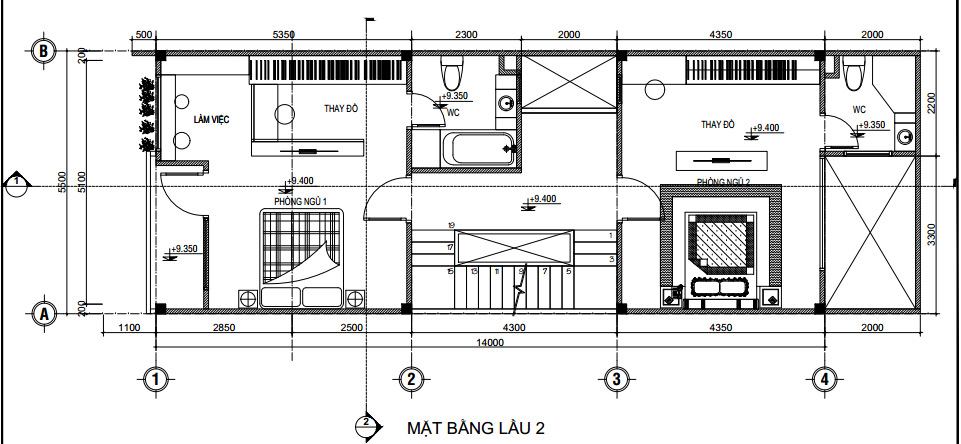 Bản vẽ thiết kế mặt bằng có hai phòng ngủ