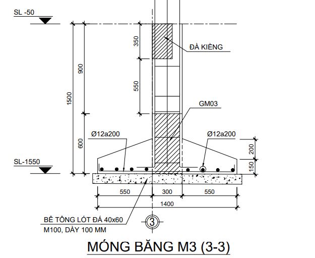 Bản vẻ móng băng giữa nhà