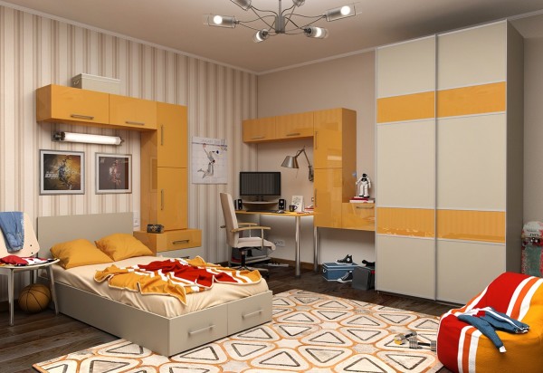 Yellow is a gender neutral shade that adds a lively blast to any kids room, and the cool geometric shape rug really adds to the oomph in this room too.